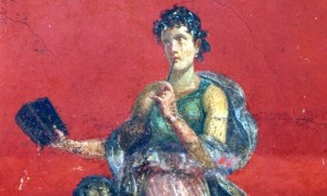A detail from a fresco taken Monday, November 6, 2000, shows the roman divinity Calliope, Muse of epic poetry, portrayed on the walls of the recently rediscovered ruins of what is believed to be the ancient guest house of Roman Pompeii, Italy. Excavations for an extension of the Naples-Salerno highway brought light on a 1000 square meters construction, forgotten since its first discovery in 1959. Archeologists believe that these frescoes, of extreme importance for their beauty and technique, could prove that the Roman Pompeii was not declining in importance when covered by ashes in 79 a.D. (AP Photo/Pasquale Sorrentino)