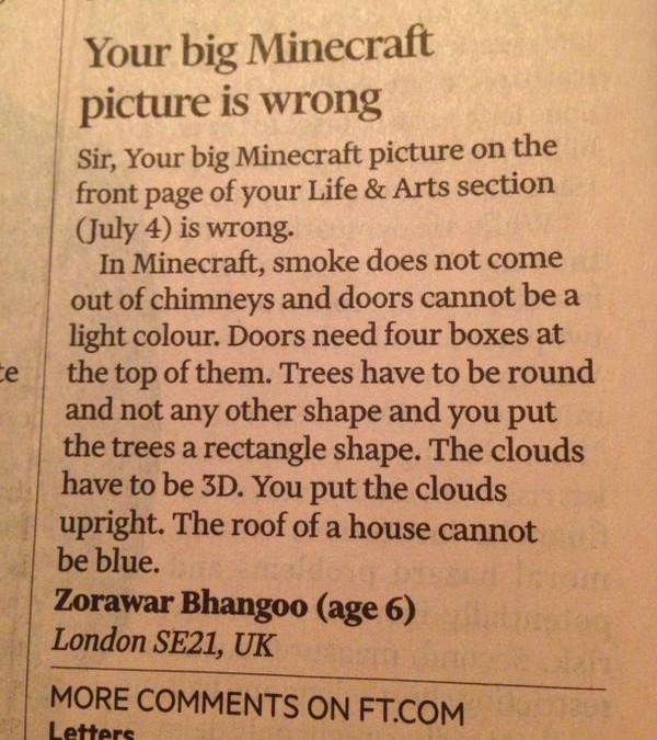 A 6-year-old totally owned the Financial Times over a ‘Minecraft’ error