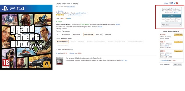 Amazon marks GTA5, FIFA 16, Minecraft and more as “exclusively for Prime members”